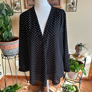 Vince Camuto Polka Dot V-Neck Women’s Blouse Rich Black Size Large Long Sleeves